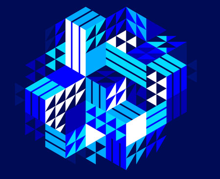 Isometric 3D cubes vector abstract geometric background, abstraction art polygonal graphic design wallpaper, cubic shapes and forms lowpoly composition over dark.のイラスト素材