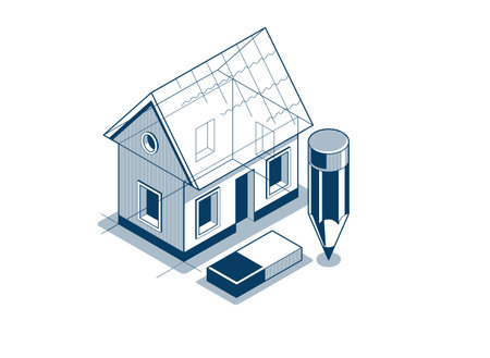Cottage house for rest project concept, 3D isometric vector illustration of a small house building project, countryside small house cabin in village or nature.のイラスト素材