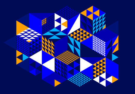 Dark blue vector abstract geometric background with cubes and different rhythmic shapes, isometric 3D abstraction art displaying city buildings forms look like, op art.のイラスト素材