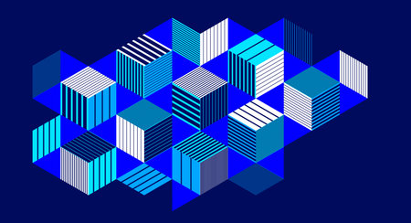 Dark blue vector abstract geometric background with cubes and different rhythmic shapes, isometric 3D abstraction art displaying city buildings forms look like, op art.のイラスト素材
