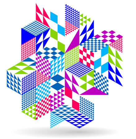 Abstract vector wallpaper with 3D isometric cubes blocks, geometric construction with blocks shapes and forms, cubic polygonal low poly theme.のイラスト素材