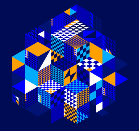 Isometric 3D cubes vector abstract geometric background, abstraction art polygonal graphic design wallpaper, cubic shapes and forms lowpoly composition over dark.のイラスト素材