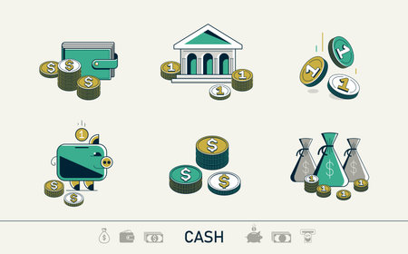 Cash money vector detailed icons set, wealth and success concept bundle, exchange and refund theme, treasures and riches.のイラスト素材