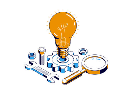 Engineering idea concept, innovation, invention and solution concept, light bulb vector 3D isometric illustration, mechanical engine works.のイラスト素材