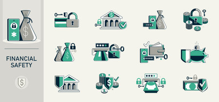 Safety of finances vector detailed icons set, financial risk, secured savings, protected bank account, insurance and privacy protection.のイラスト素材