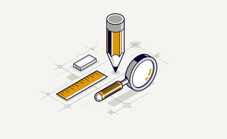 Engineering project concept, blueprint engineer work vector 3D isometric illustration, abstract draft drawing, cad technical plan.のイラスト素材