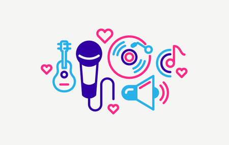 Music and recording studio vector detailed icon, sound producing and audio engineering bundle, playing instruments.のイラスト素材