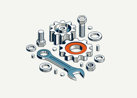 Mechanical engineering concept, gears and tools in 3D isometric projection vector illustration, cogwheels and cogs system technology and technics work in progress.のイラスト素材