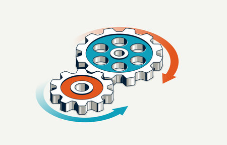 Two gears in mechanical motion vector 3D isometric illustration, teamwork and cooperation concept, engineering and machinery, machine engine, industry manufacturing.のイラスト素材