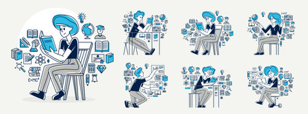 Education in university or collage, student is doing homework or preparing for exam, vector outline illustration set, study sciences and graduate.のイラスト素材