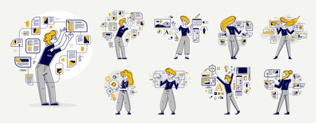 Data systematization, collecting and analyzing information, intellectual worker making analysis of some data on pc or web, vector outline illustration set.のイラスト素材