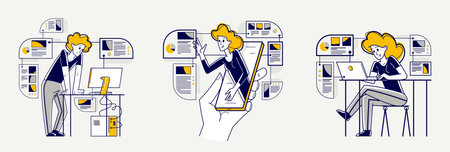 Data systematization, collecting and analyzing information, intellectual worker making analysis of some data on pc or web, vector outline illustration set.のイラスト素材