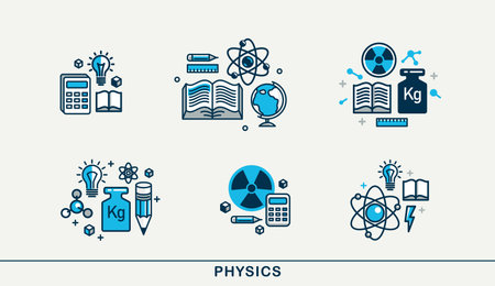 Physics vector detailed icons set, science theme compositions, research and experiments.のイラスト素材