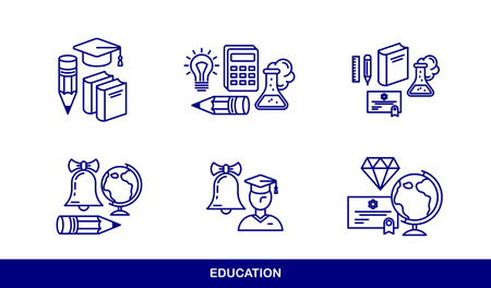 Education vector icons set, school study of science, university and academy learning, different disciplines knowledge.のイラスト素材