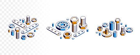 Bolts and nuts vector 3D isometric set, repair and maintenance service concept.のイラスト素材