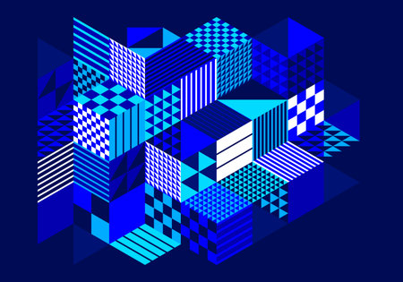 Isometric 3D cubes vector abstract geometric background, abstraction art polygonal graphic design wallpaper, cubic shapes and forms lowpoly composition over dark.のイラスト素材