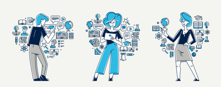 Education in university or collage, student is doing homework or preparing for exam, vector outline...