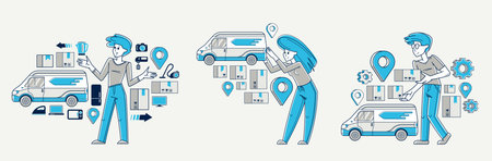 Delivery and logistics, woman manager is preparing boxes and parcels for fast and free delivery, courier using van, order and receive goods in online shop or market.のイラスト素材