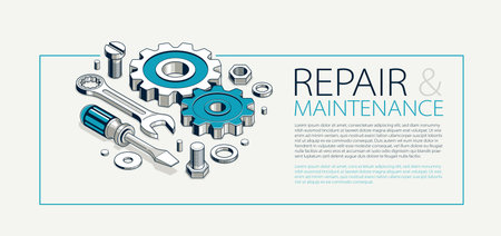 Repair and maintenance advertising, technics service, gears and tools in 3D isometric projection vector illustration, technical mechanical workshop.のイラスト素材