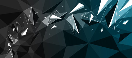 3D polygonal vector abstract background with dynamic particles in motion, abstract mess and chaos of low poly debris elements, facet broken structure.のイラスト素材