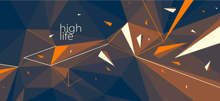 Dark and orange low poly vector abstract background with explosion of flying debris particles, 3D surface decay in motion, dynamic polygonal abstraction.のイラスト素材