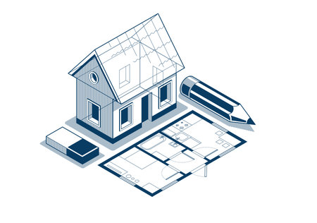 House project concept, 3D isometric vector illustration of a small house and blueprint building project, construction architectural model, residential family small house.のイラスト素材