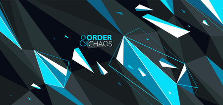 Order and chaos vector abstract background, 3D dark black and bright blue low poly polygonal surface with decay broken particles debris in motion.のイラスト素材