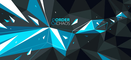 Order and chaos vector abstract background, 3D dark black and bright blue low poly polygonal surface with decay broken particles debris in motion.のイラスト素材
