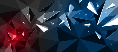Dark polygonal vector abstract background with color spotlights, low poly surface with explosion of flying debris particles, 3D dynamism broken structure, motion force elements.のイラスト素材