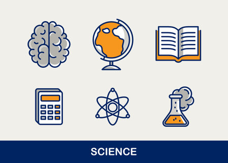 Science vector icons set, physics and chemistry, mathematics and geography, research and experiments.のイラスト素材