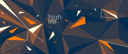 Abstract background of 3D low poly surface with explosion and flying debris particles vector design, dynamic triangular dark and orange contrast backdrop.のイラスト素材