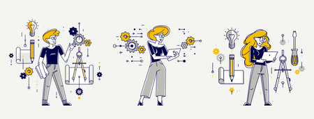Mechanic engineer working on a draft plan vector illustration set, inventor or repair job, engineering machine industry, system technician.のイラスト素材