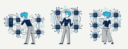 Electronic repair circuit boards computer hardware engineer doing job, vector illustration set of young person working with motherboard and processors, electronic technology.のイラスト素材