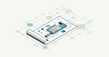 Engineering project concept, paper document blueprint engineer work vector 3D isometric illustration, abstract draft drawing, cad technical plan.のイラスト素材