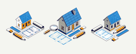 Country or town house project concept set, 3D isometric vector illustration of a small house building project, countryside small house in village or outskirt.のイラスト素材