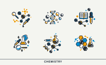 Chemistry vector detailed icons set, molecules and flasks laboratory experiment, science theme bundle.のイラスト素材