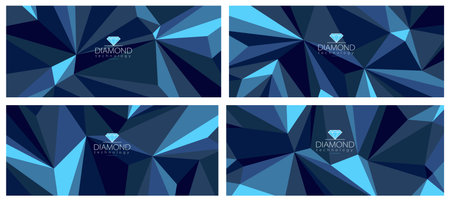 Diamond surface dark vector abstract background set, 3D low poly crystal abstraction, luxury style gem blue color backdrop, polygonal abstract structure.のイラスト素材