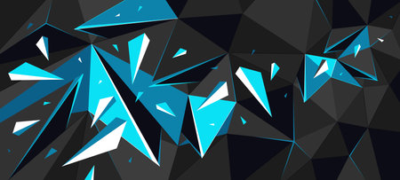 Abstract polygonal vector background of low poly surface and broken shapes particles in motion, black and blue colors order and chaos creative concept.のイラスト素材