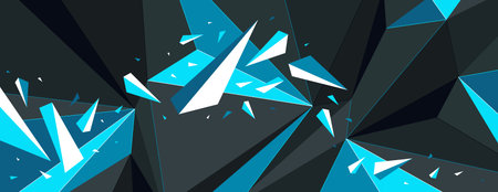 Low poly black and blue vector abstract background, 3D dimensional polygonal surface with broken debris in chaos of dynamic explosion, crumpled particles.のイラスト素材