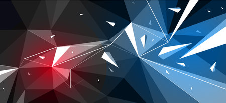 Low poly background with particles debris in motion and color spotlights vector design, 3D dynamic surface with debris explosion, triangular elements flying over polygonal backdrop.のイラスト素材