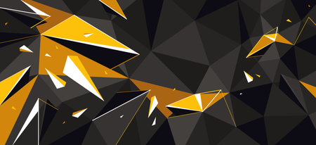 Black and yellow low poly vector abstract background with explosion of flying debris particles, 3D surface decay in motion, dynamic polygonal abstraction.のイラスト素材