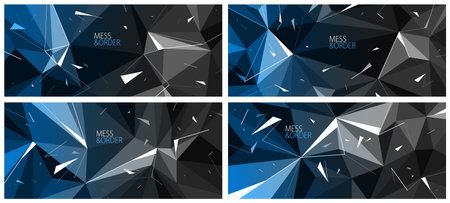 Mess and order concept set, vector abstract background with low poly surface and dynamic particles in motion, chaos decay explosion with flying debris.のイラスト素材