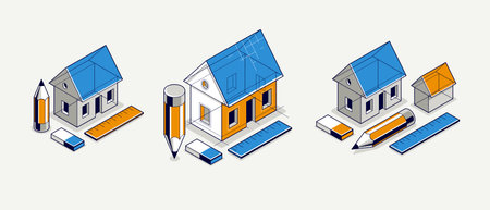 House project concept set, 3D isometric vector illustration of a small house building project, construction architectural model, residential family small house.のイラスト素材