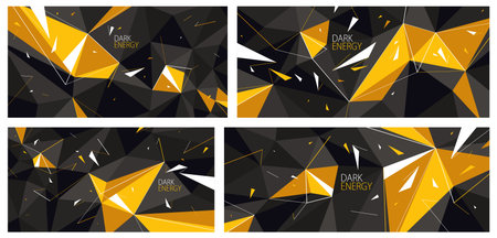 Dark and yellow low poly vector abstract background set, polygonal abstraction with decay motion of flying particles, 3D dynamic art in force of explosion.のイラスト素材