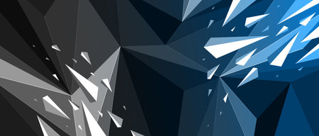 Low poly dark vector abstract background with dynamic particles in chaos, broken debris explosion mess polygonal abstraction, 3D structure dynamism.のイラスト素材