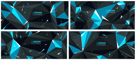 Order and chaos vector abstract background set, 3D dark black and bright blue low poly polygonal surface with decay broken particles debris in motion.のイラスト素材