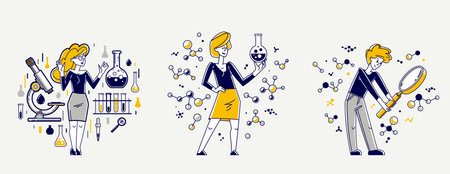 Scientist discovering science theory and making experiments vector outline illustration set, theoretical science research or invention, education learning university.のイラスト素材