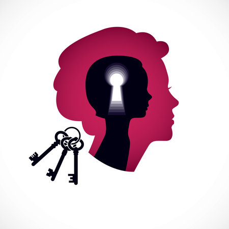 Psychology vector logo created with woman head profile and little child girl inside with keyhole, inner child, a key to human individuality and psychic problems concept. Therapy and analysis concept.のイラスト素材