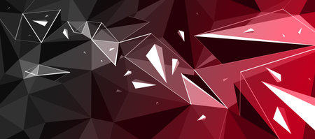 Low poly vector abstract background, 3D dark polygonal surface and particles flying in chaos,...