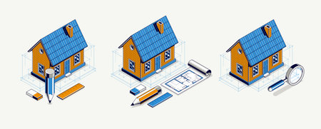 Country or town house project concept set, 3D isometric vector illustration of a small house building project, countryside small house in village or outskirt.のイラスト素材